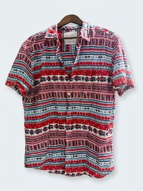 Aeropostale Red and Blue Aztec-Pattern Short Sleeve Button-Down